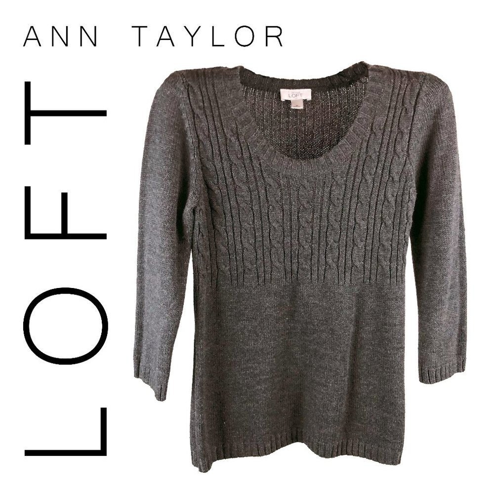Ann Taylor LOFT Sweater charcoal gray three-quarter sleeve cable knit patterning